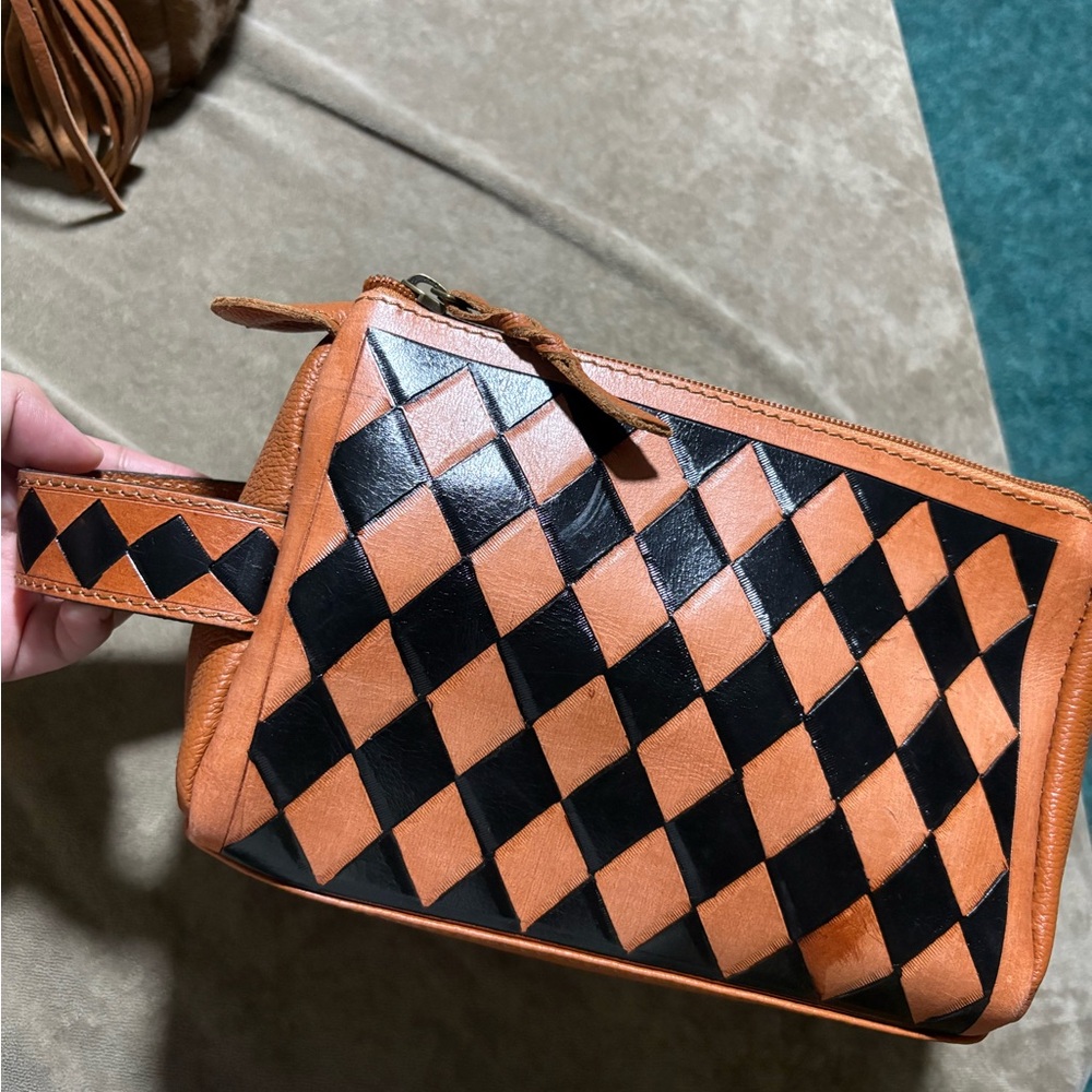 Checkered Genuine Leather Cosmetic Bag
